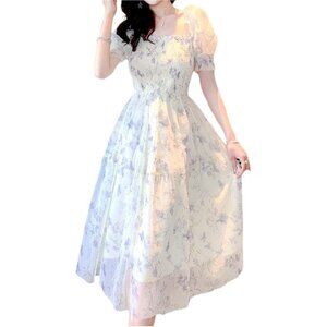 Summer Vintage Floral Chiffon Dress Womens Casual Vacation Short Sleeve
